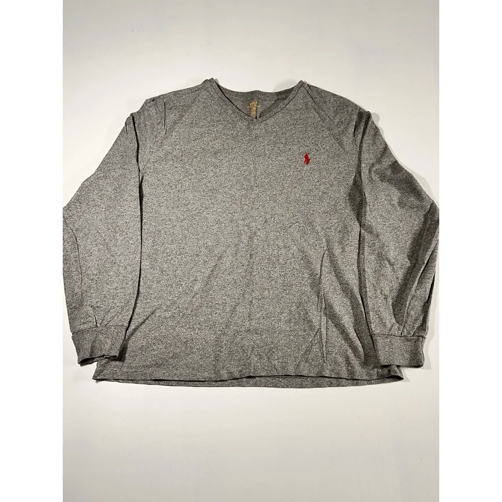 Polo Ralph Lauren Mens Classic Fit Long Sleeve V Neck Tshirt Gray Red Size Large
